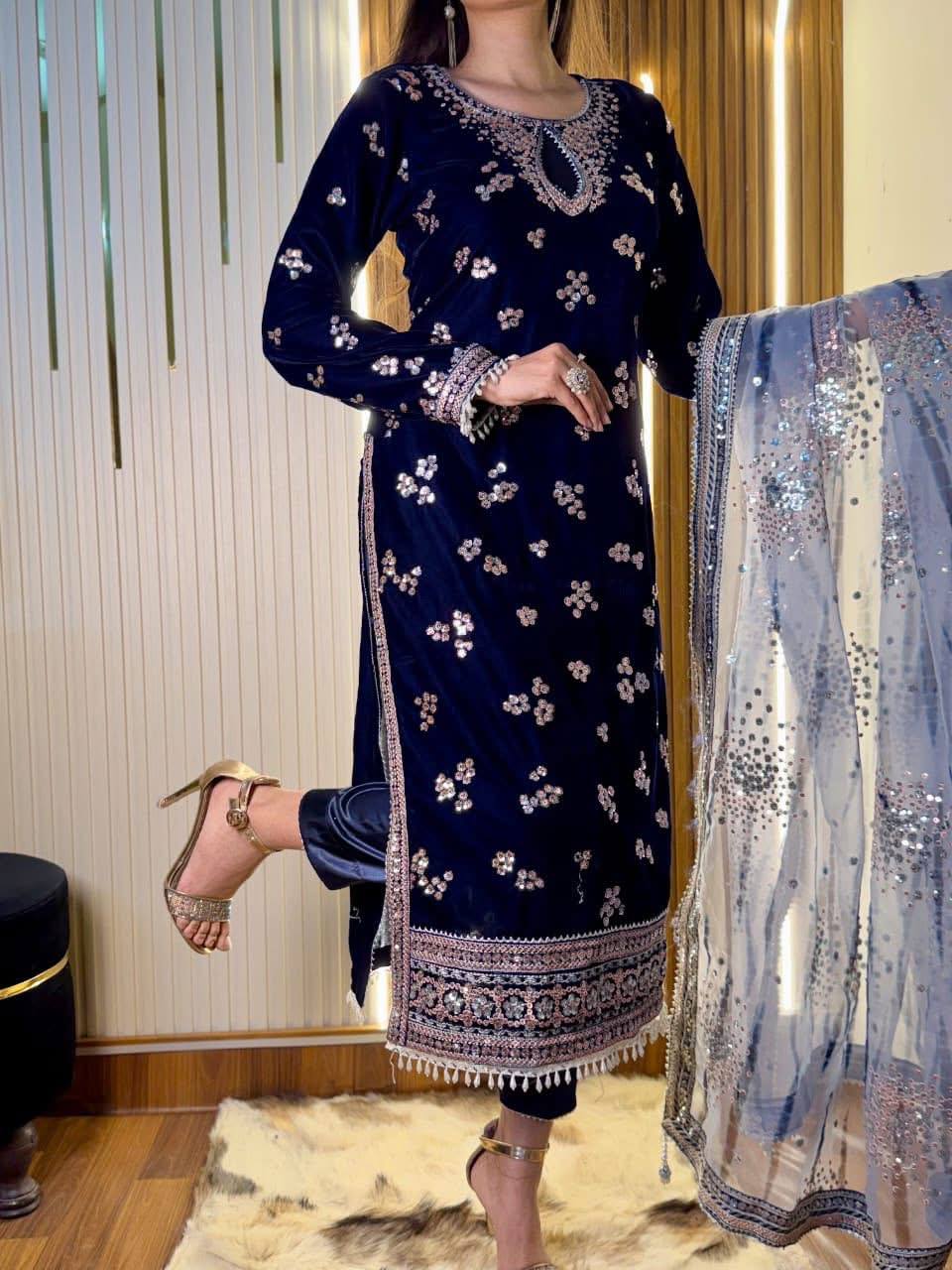 9000 Velvet Heavy Embroidered Kurti Set with Velvet Pant & Printed Dupatta ST-1154