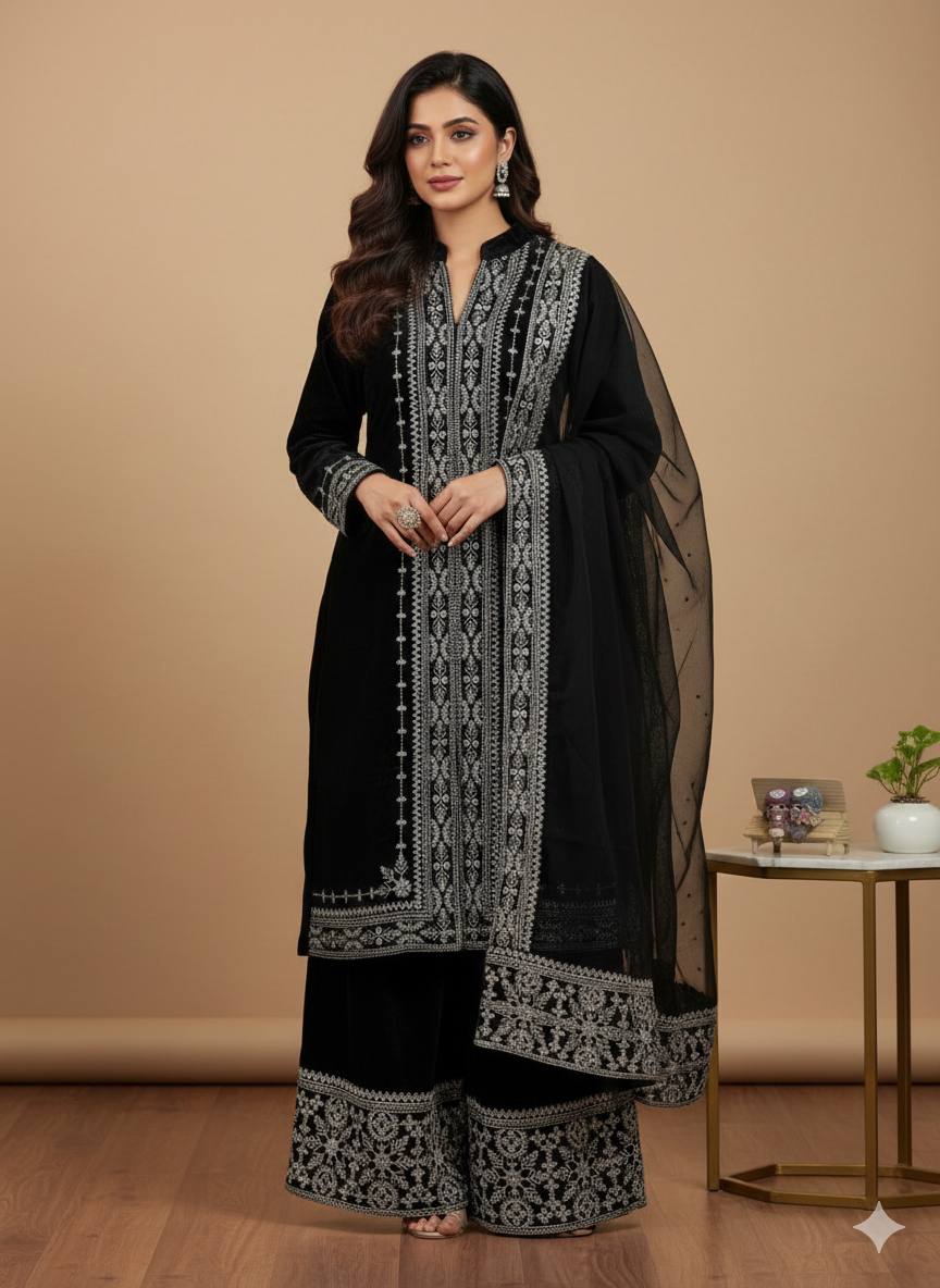 9000 Velvet Front Embroidered Kurti with Palazzo & Heavy Embroidered Dupatta ST-1156