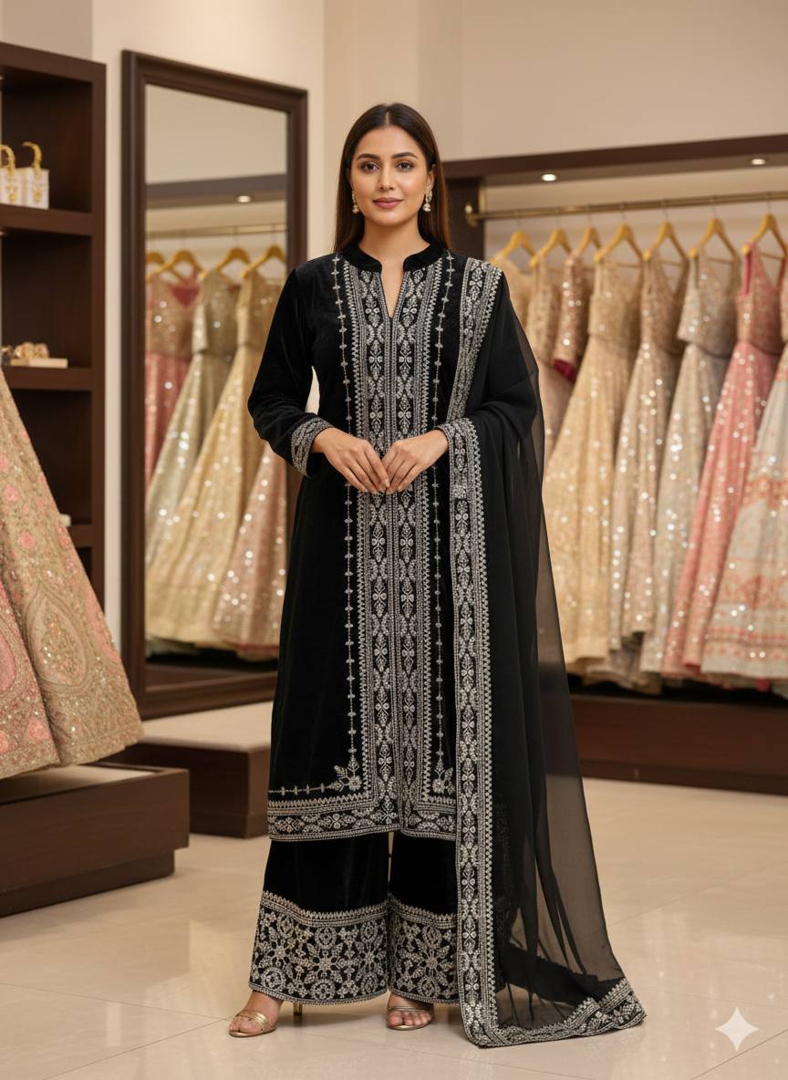 9000 Velvet Front Embroidered Kurti with Palazzo & Heavy Embroidered Dupatta ST-1156