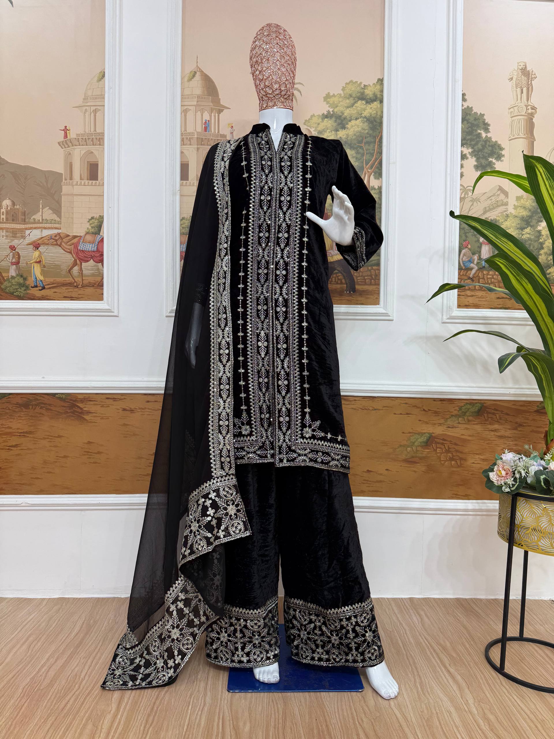 9000 Velvet Front Embroidered Kurti with Palazzo & Heavy Embroidered Dupatta ST-1156