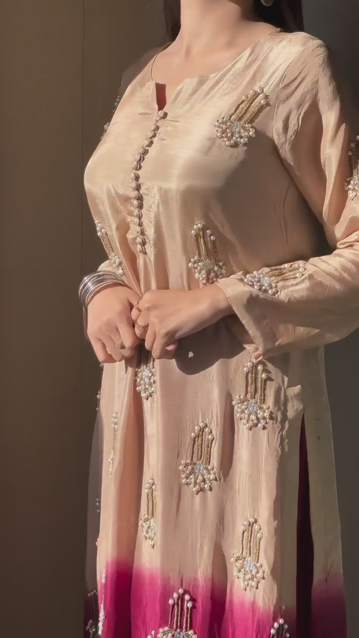 Heavy Chinon Silk Moti Handwork Kurti Palazzo Set with Dupatta(MC-2039)*